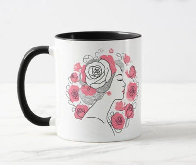 Printsalive Black and pink flowers Women Ceramic Coffee Mug(340 ml)