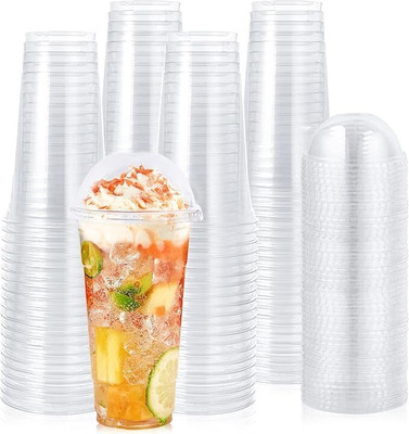 Shop & Shoppee Reusable Transparent Glass with Dom lids| Cold Beverage Mocktail Glass Plastic Coffee Mug(350 ml, Pack of 50)