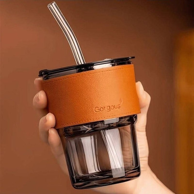 DANDVAT Black Glass Milk Sipper Tumbler with Straw and Lid,Green Tea can Coffee Cup Glass Water/Juice Glass(450 ml, Glass, Multicolor)