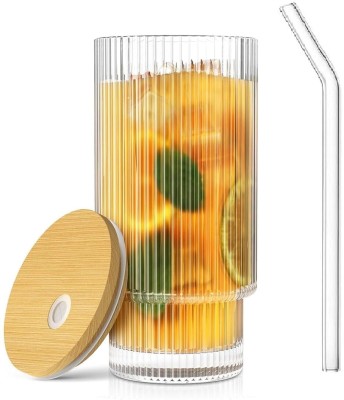 Tanlesa Glass Coffee with straw & bamboo lid for coffee,milk,juice pack of 1 Glass Coffee Mug(400 ml)