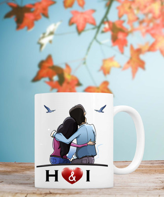 badri creations Couple Name H & I White Coffee Ceramic Coffee Mug(350 ml)