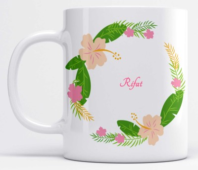 LOROFY Name Rifat Printed Floral Pink & Green Leaves Design Model S100A White Ceramic Coffee Mug(350 ml)