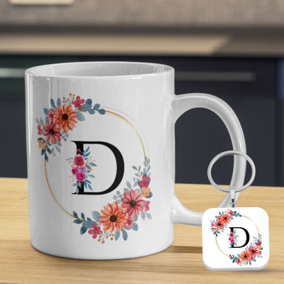 Valenza Gifts Birthday Gift, 'D' Alphabate and KeyChain , Gift For Brother, Sister, Friend Ceramic Coffee Mug(350 ml, Pack of 2)