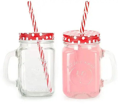 manekk world Glass Mason Jar with Multi-Color Air-Tight Lids with Straws with Handle Glass, Plastic Mason Jar(450 ml, Pack of 2)