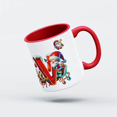 V Kraft Christmas theme red inner color Alphabet coffee mug for Xmas & New Year | V | Ceramic Coffee Mug(330 ml)