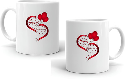 LoveGift Happy Anniversary Gift Set Ceramic Coffee Mug(350 ml, Pack of 2)