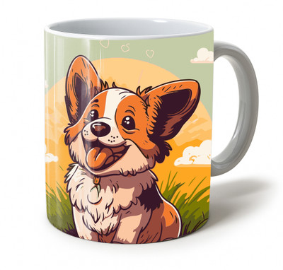 Vihaan Fashions Happy Corgi Puppy in a Field Printed Ceramic Coffee Mug(350 ml)