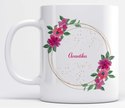 LOROFY Name Avantika Printed Pink & Green Floral Design White Ceramic Coffee Mug(350 ml)