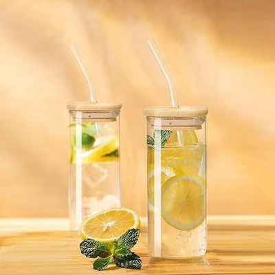 MDealz Square Jar Sipper Tumbler with Wooden Lid & Straw for Hot and Cold Drinks Glass Mason Jar(410 ml, Pack of 2)