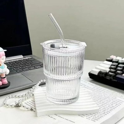 Coozico Ice Juice Drinks Glass Can with Straw for Milk/Coffee/Green Tea Cup Glass Coffee Mug(450 ml)