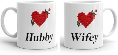 RMC Hubby Wifey Printed Heart C Shape Handle Ceramic Tea/Coffee Best Gift for Husband Wife/Couples Set of 2 (Hubby Wifey) Ceramic Coffee Mug(350 ml, Pack of 2)