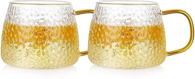 GRILIX Borosilicate Glass Cup/Mug with Premium Golden Handle for Hot/Cold Drinks Glass Coffee Mug(410 ml, Pack of 2)