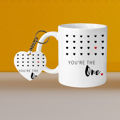 VMSHOPPINGMART 101_Perfect for Coffee and Tea - With Keychain VM Youre The One L H Ceramic Coffee Mug(330 ml, Pack of 2)