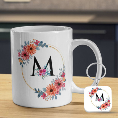 Valenza Gifts Birthday Gift, 'M' Alphabate and KeyChain , Gift For Brother, Sister, Friend Ceramic Coffee Mug(350 ml, Pack of 2)