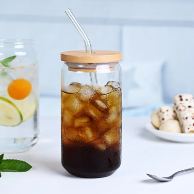 CRAFLY HUB Glass Drinking Bottle with Bamboo Lid, for Green Tea or Coffee, and Straw Glass Coffee Mug(500 ml)