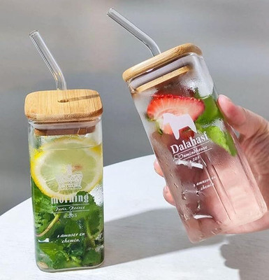 RDNENTERPRISE Square Mason Wooden Lid & Straw Glass Mason Jar(410 ml)