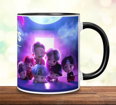 DojaBeauty BTS Printed 3 Black Tone & Keychain For Friends & Loved One-DB-3BTM-SK12 Ceramic Coffee Mug(350 ml, Pack of 2)