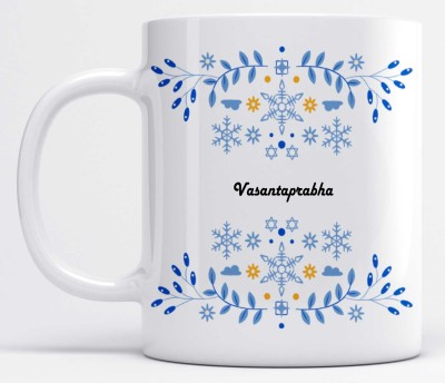 LOROFY Name Vasantaprabha Printed Beautiful Blue Floral Design White Ceramic Coffee Mug(350 ml)