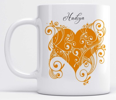 LOROFY Name Hadiya Printed Orange Heart Design Ceramic Coffee Mug(350 ml)