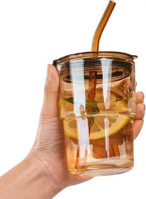 KEVRIZ Glass Sipper Tumbler with Leather Sleeve, Lid & Straw | Reusable Coffee Glass Tumbler(435 ml)