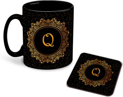 whats your kick Q Name Alphabet Printed Black Patch Coffee Cup & With Coaster - D17 Ceramic Coffee Mug(325 ml)