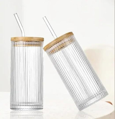 GRILIX Lining Shape Glass Can with Wooden Lids and Glass Straw For Hot/Cold Drinks Glass Coffee Mug(400 ml, Pack of 2)