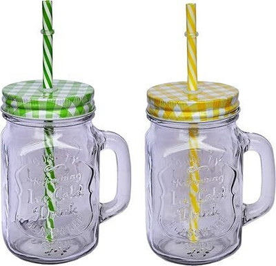 Convoke Glass Bottle with Handle, Colored Cap Lid & Straw for Juice/Cocktail/Mocktail Glass Mason Jar(450 ml, Pack of 2)