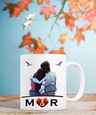 badri creations Couple Name M & R White Coffee Ceramic Coffee Mug(350 ml)