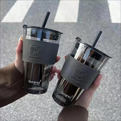 VRAJAK Glass Reusable Sipper Bottle with Leather Sleeve Glass Glass Coffee Mug(450 ml)