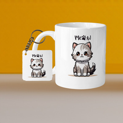 VM MALL 101_Perfect for Coffee and Tea - With Keychain VM Cat Meoww L S Ceramic Coffee Mug(333 ml, Pack of 2)