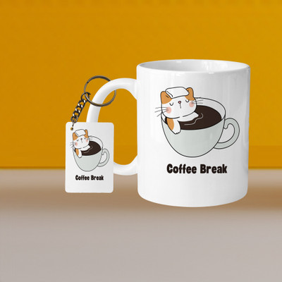 VM SHOPPING MALL Perfect for Coffee and Tea - With Keychain VM Relax Coffee Break L R Ceramic Coffee Mug(332 ml, Pack of 2)