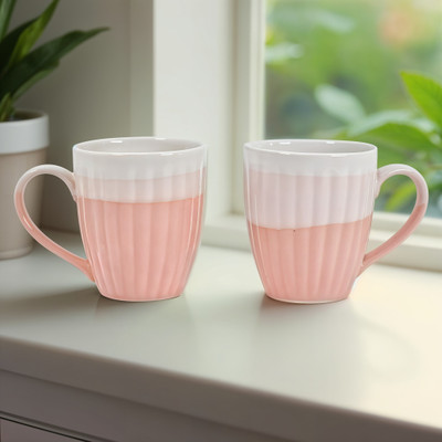 Moon Dust Pink & White Stripped Ceramic, Stoneware Coffee Mug(300 ml, Pack of 2)