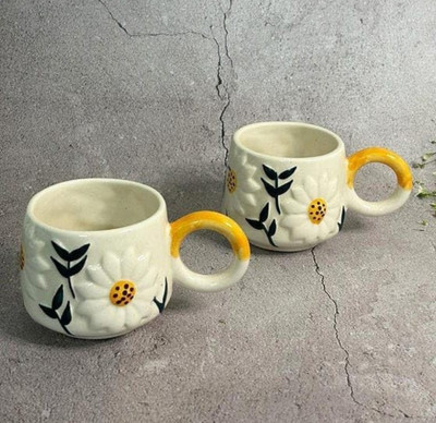 The Earthy Store Handmade Sunflower Cup for Chai Tea Coffee Microwave and Dishwasher Safe Ceramic Coffee Mug(210 ml, Pack of 2)