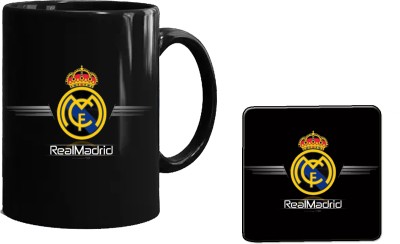 CHARMING Real Madrid CC1 Printed Black Coffee with Tea Coaster,Combo Pack Ceramic Coffee Mug(330 ml, Pack of 2)