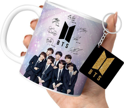 Soulfox By TrendoPrint Bts Cup with Keychain Bts Gift For Anyone on Any Occasion (DB-35) Ceramic Coffee Mug(350 ml, Pack of 2)