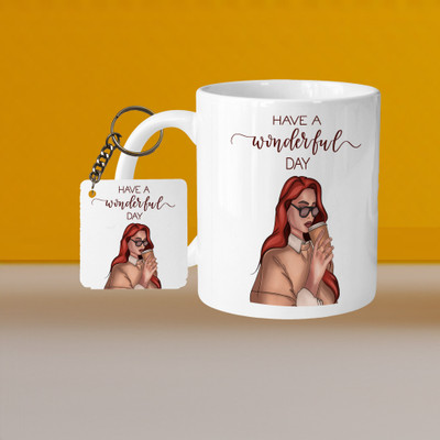 AG MALL 101_Perfect for Coffee and Tea - With Keychain VM Have A Wonderful Day L S Ceramic Coffee Mug(333 ml, Pack of 2)