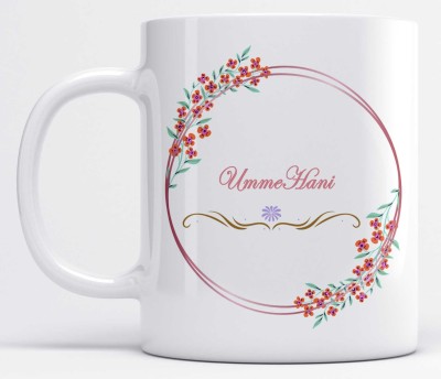 LOROFY Name UmmeHani Printed Floral and Leaves Design White Ceramic Coffee Mug(350 ml)