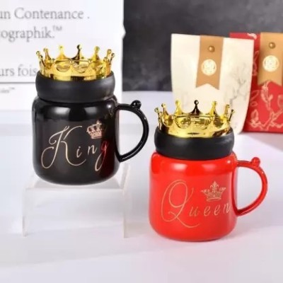 ViaZAID King Queen Coffees with Golden Crown lid,Tea Ceramic Cup Gifts for Couples Ceramic Coffee Mug(450 ml, Pack of 2)