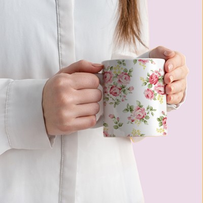 Epyk Gifts Floral Series - Pink Rose Floral printed Best Ceramic Coffee Mug(350 ml)