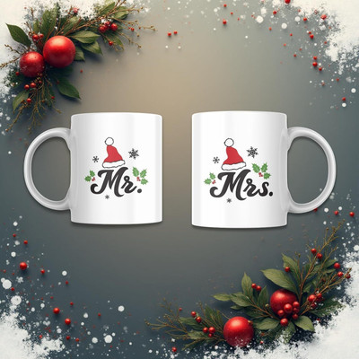 PrintCraft Pro Mr. and Mrs. Christmas Coffee Set | Festive Couple Ceramic Gift Ceramic Coffee Mug(350 ml, Pack of 2)