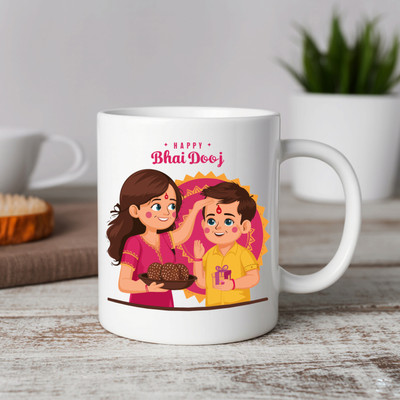 Vihaan Fashions Happy Bhai Dooj Printed Ceramic Coffee | Gift for Bhai Dooj, 05 Ceramic Coffee Mug(350 ml)