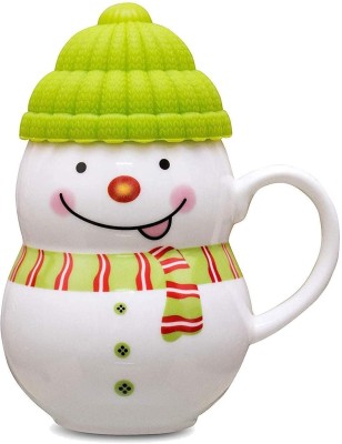 Creative Ceramic Ceramic Snow Man With Silicon Lid Cover(1 Piece) For Kids 350 ml (Green) Ceramic Coffee Ceramic Coffee Mug(350 ml)