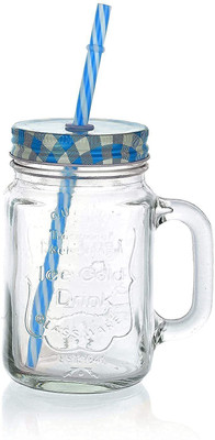 manekk world Glass Mason Jar with Multi-Color Air-Tight Lids with Straws with Handle Glass, Plastic Mason Jar(450 ml)