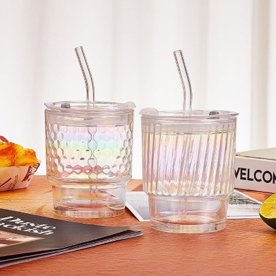 TINSUHG Tumbler with Straw and Lid Coffee Rainbow Glass Drinking Beverage Sipper Glass Glass Coffee Mug(430 ml)