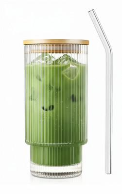 SHIPPLIER Modern Iced Coffee Glass with Lid & Straw – Reusable Smoothie Cup Glass Tumbler(400 ml)