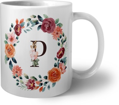 Phirki Studio Floral Alphabet P Ceramic Coffee Mug(325 ml)