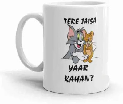 Manorath tere jaisa yaar kahan tom & jeery white printed coffee mug Ceramic Coffee Mug(345 ml)
