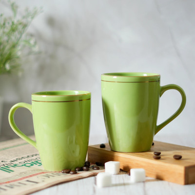 Femora Premium Gold Line Green Ceramic Coffee Mug(320 ml, Pack of 2)