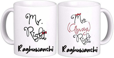 GNS Nation Mrs. & Mr. Raghuwanshi New Ceramic Coffee Mug(325 ml, Pack of 2)