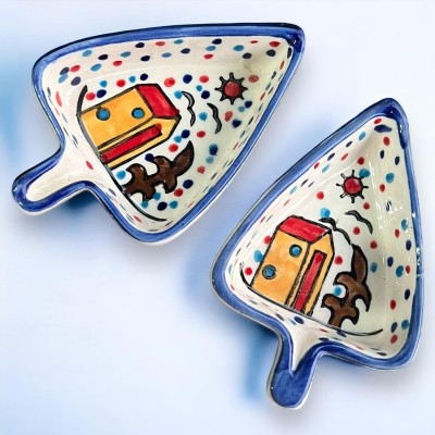 KALAA BY N Hand Painted Two Small Leaf Shape hut Design Chutney/Snack Serving Plate Ceramic Coffee Mug(80 ml, Pack of 2)